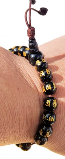 Tibetan Buddhist Prayer Bracelet, Black Stone Mala Beads