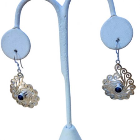 Handcrafted Swirl Design Dangle Earrings with Blue Gemstones