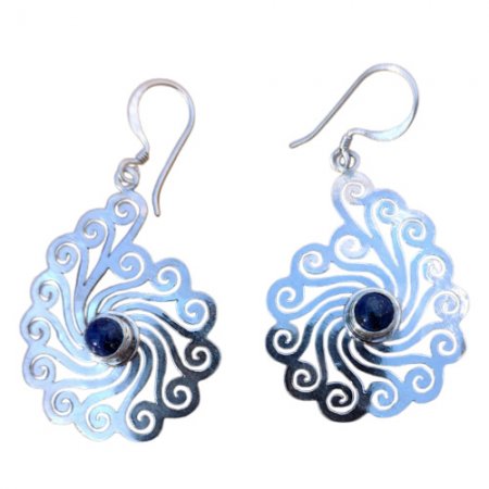 Handcrafted Swirl Design Dangle Earrings with Blue Gemstones